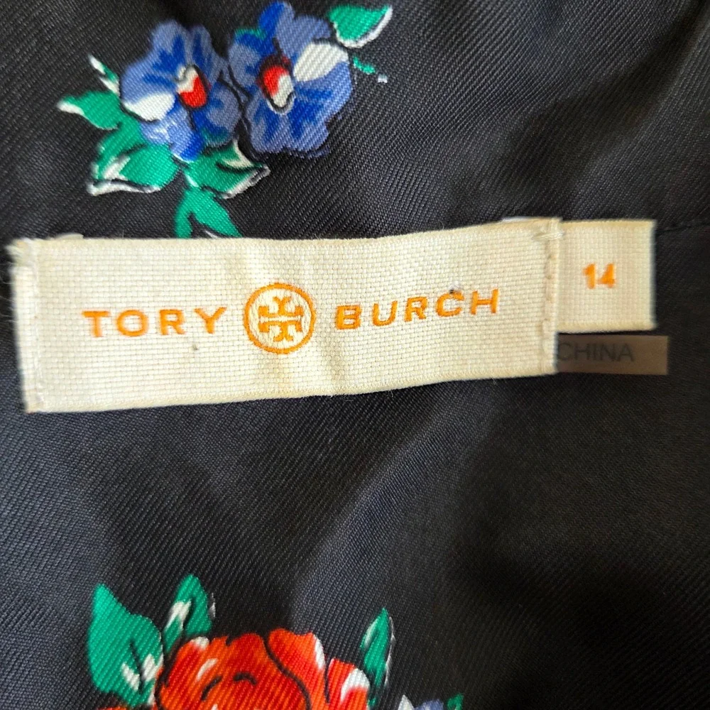 EUC Tory Burch Black 100% Silk Floral Rose Stripe Pleated Midi Dress Size 14 - Picture 6 of 7